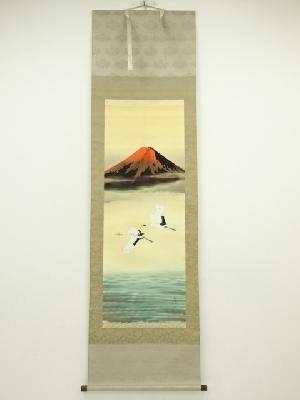 松原正峰筆　霊峰飛鶴　肉筆絹本掛軸（共箱）